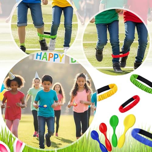 Cinrobiye 62 Pcs Easter Outdoor Games Set, Field Day Party Activities with Potato Sack Race, Egg and Spoon Race, Three Legged Race and Ring Toss for Family Gatherings and Spring Events
