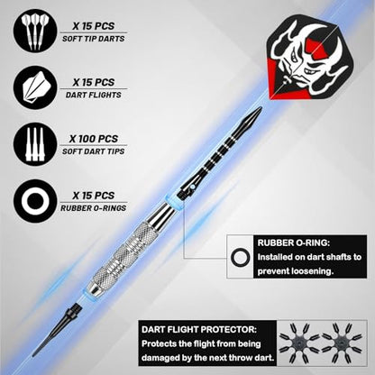 Darts Plastic Tip - 15 Pack Soft Tip Darts Set for Electronic Dartboard - 18 Grams Soft Darts Set with 100 Extra Dart Tips, Aluminum Shafts, Dart Flights, Flight Protectors and Rubber O-Rings