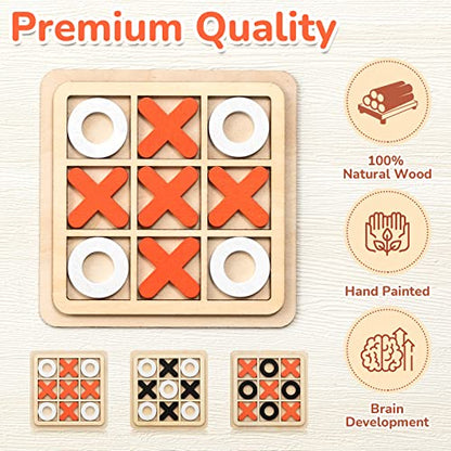 Meooeck 6 Pieces Wooden Tic Tac Toe Game Mini Board Game XO Chess Board Family Toys Birthday Party Favors, Goody Bag Stuffers(Classic Color)