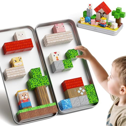 Mini Magnetic Blocks Farm Animals Travel Toys, 35PCS Portable STEM Magnetic Building Cubes with Metal Storage Box for Kids Ages 4-8, Road Trip & Airplane Essentials - style: Farm Animals Magnetic Building Blocks Travel Set Toys - 35PCS