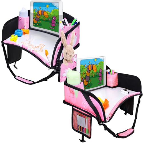 2PCS Kids Travel Tray, Car Seat Tray for kids Travel, Toddler Road Trip Essentials With Drawing Kit, Toddler Lap Desk Organizer for Car, Carseat Table for Airplane - color: 2Pink-2PCS