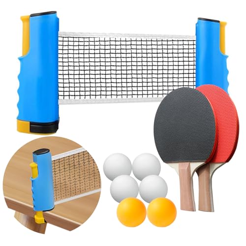 Portable Ping Pong Paddle Set with Retractable Net, 2 Table Tennis Rackets, 6 Balls and Carry Bag for Indoor Outdoor Family Games,Easy Setup - color: Blue