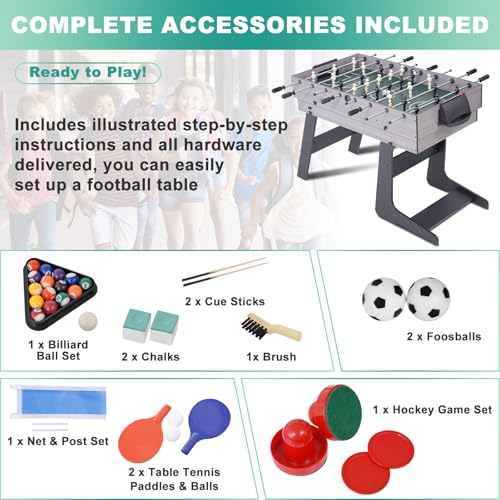 54" 4-in-1 Multi Game Table, Foldable Combo Game Table Set with Ping Pong, Hockey, Pool Billiards and Foosball for Adults, Home, Game Room, Friends & Family