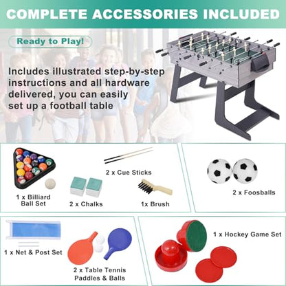54" 4-in-1 Multi Game Table, Foldable Combo Game Table Set with Ping Pong, Hockey, Pool Billiards and Foosball for Adults, Home, Game Room, Friends & Family