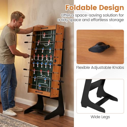 Goplus Folding Foosball Table, 48'' Full Competition Size Freestanding Soccer Game Table with 22 Players, 2 Balls, Space-Saving Foldable Arcade Table for Adults Family Game Night - color: Natural