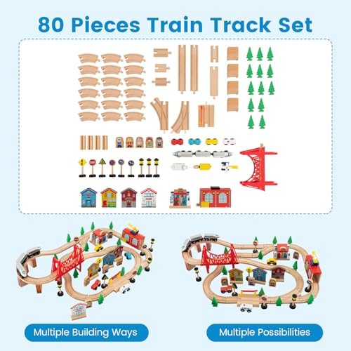 Costzon Train Table, 80 Pcs, Wooden Kids Activity Table Playset with Reversible & Detachable Tabletop, Solid Wood Tracks, Train, Railway, City, DIY Design, Gift for Boys & Girls, Multi-Color - size: 32.5" x 23.5" x 16" (L x W x H)