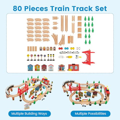 Costzon Train Table, 80 Pcs, Wooden Kids Activity Table Playset with Reversible & Detachable Tabletop, Solid Wood Tracks, Train, Railway, City, DIY Design, Gift for Boys & Girls, Multi-Color - size: 32.5" x 23.5" x 16" (L x W x H)