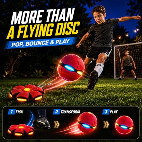 2 Pack LED Light Up 6-Lights Magic Bouncing Ball Toy, Transforming Flying Disc Ball, Pop-Up Rebound Ball, Outdoor Toss & Catch Interactive Sports Game for Backyard Play