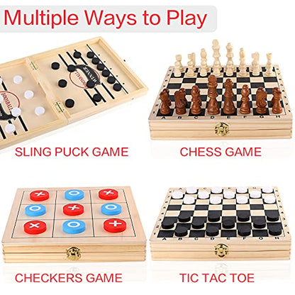 Sling Puck Game, Chess Checkers Game Set, 4 in 1 Folding Wooden Board Game, Fast Hockey Table Game, Portable Tabletop Tic Tac Toe Slingshot Chess Set for Kids and Adults
