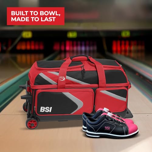 BSI Dash Roller Bowling Bag with Smooth Rolling Wheels, Padded Ball Compartment, Retractable Locking Handle, & Shoe Pocket - color: Black/Red/Gray, style: Triple
