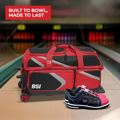 BSI Dash Roller Bowling Bag with Smooth Rolling Wheels, Padded Ball Compartment, Retractable Locking Handle, & Shoe Pocket - color: Black/Red/Gray, style: Triple