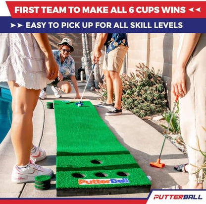 PutterBall Original Golf Putting Game Set – Backyard 12 ft Putting Green Pong Style Golf Mat with 2 Putters, 2 Balls & Hole Covers