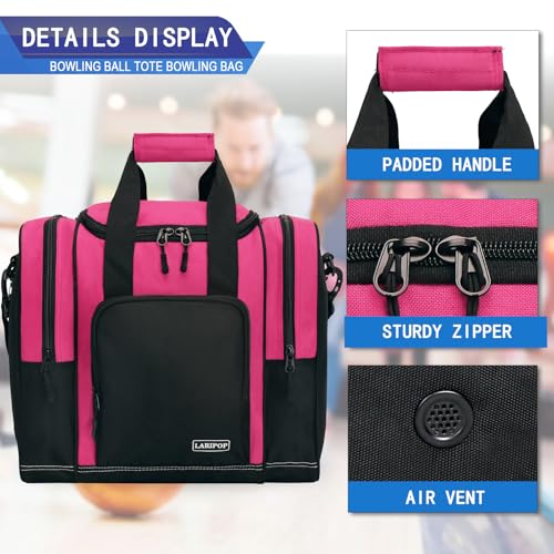 LARIPOP Bowling Ball Bag, Single Bowling Tote with Padded Ball Holder, Ventilated Shoe Pocket & Adjustable Shoulder Strap for Adult Bowlers Men Women - color: Black+Rose Red