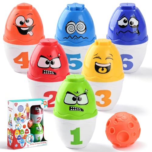 PLAY Kids Bowling Set - 6 Colorful Plastic Bowling Pins & 1 Sensory Silicone Ball, Toddler Stacking Indoor Outdoor Activity Games, Numbers Recognition & Shapes Matching Montessori Educational Toys