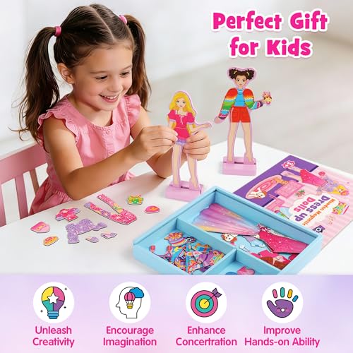 Mocoosy Wooden Magnetic Dress Up Dolls for Kids, Pretend Play Magnet Toys with Storage Case, Travel Game Airplane Car Road Trip Toy On The Go Activity Set Birthday Gift for Girls 3 4 5 6 7 8 Year Old
