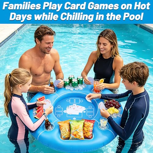 Biggun Floating Pool Game Table - Spacious Inflatable Board Games Table with Waterproof Playing Cards, Fun to Use Food Drink Bar for Summer Pool Accessories