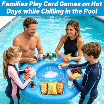 Biggun Floating Pool Game Table - Spacious Inflatable Board Games Table with Waterproof Playing Cards, Fun to Use Food Drink Bar for Summer Pool Accessories