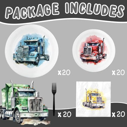 Semi Truck Birthday Party Favors & Tableware Set - Semi Truck Theme Plates, Napkins, Forks - style: Semi Truck