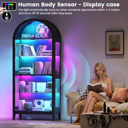 Gurexl 5-Tier Arched Glass Display Cabinet, Motion Sensor RGB LED Showcase with Music Sync Light & Adjustable Shelves, Tempered Glass Curio Cabinet for Action Figures Trophies Collectibles, Black - color: Black-80008a