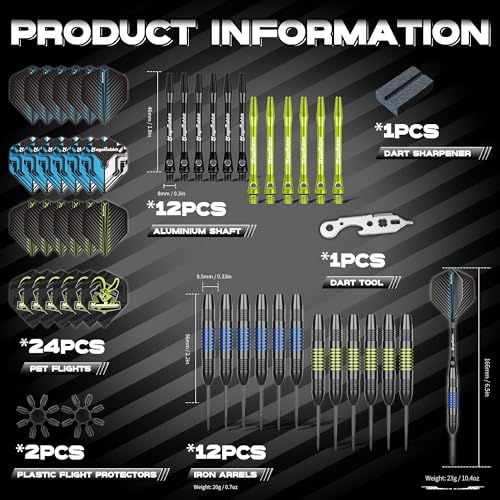 Darts Metal Tip Set 12pcs+24pcs Dart Flights+Dart Accessories Kit.Professional Steel Tip Darts - color: green and blue