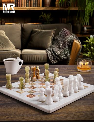 Marble Chess Set 12" Inches White and Green with Storage Box and 2 Extra Queen Handmade Classic Board Games for Adults, Luxury Chess Board & Marble Chess Set for Adults - color: White & Green Onyx