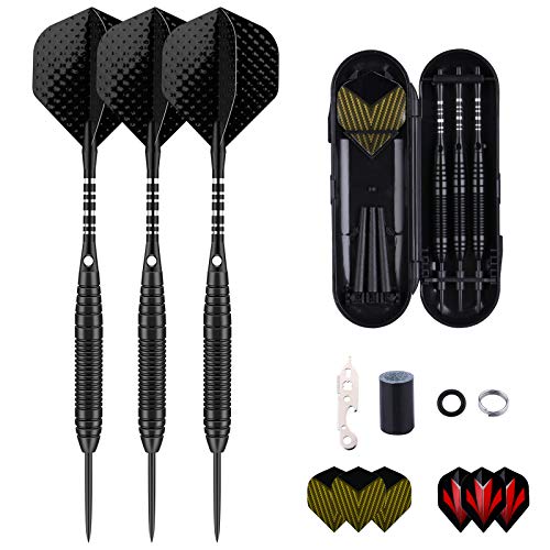 Darts Metal Tip Set - 3 Pack Professional 22 Grams Steel Tip Darts with Slim Case Black Purple Blue Aluminum Shafts 9 Flights 50 Rubber O'Rings 1 Dart Sharpener 12 Spring Rings - color: 22 Grams - black
