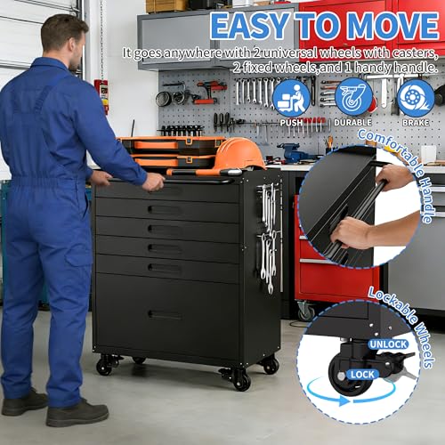 Metal Garage Storage Cabinet with Wheels, Rolling Tool Cabinet with 6 Drawers, Heavy Duty Tool Cabinet with Workbench, Assembly Required, Black - color: Black, style: 6 Drawers