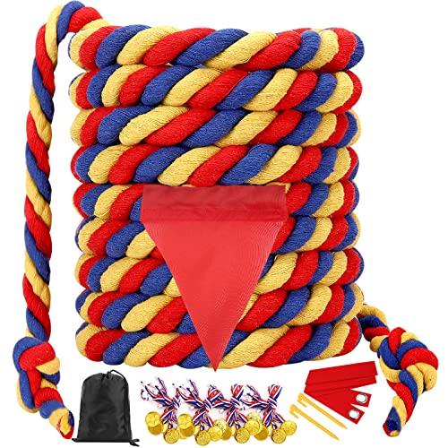 Tug of War Rope 60FT Outdoor Yard Games for Kids and Adults, Field Day Family Reunion Birthday Party Games,Carnival Game, Outside Backyard Lawn Yard Games Fun for Team Building Activities, Tricolor - color: Blue&red&yellow, size: 60 Feet