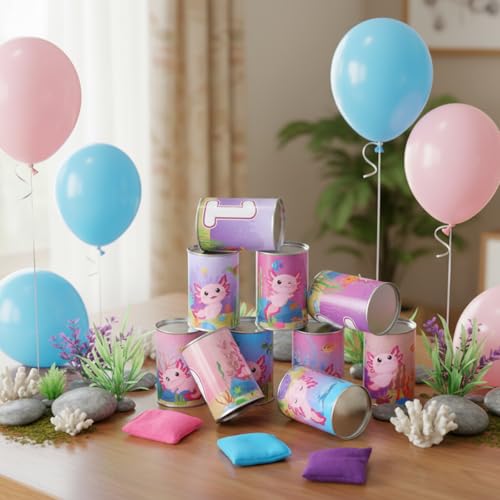 13 Pcs Axolotl Bean Bag Toss Game for Carnival Party, with 10 Tin Cans and 3 Bean Bags, Pink Cartoon Family Party Game for Birthday Festival Indoors Outdoors Activities Supplies