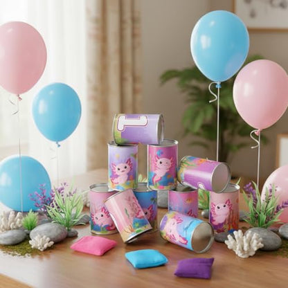 13 Pcs Axolotl Bean Bag Toss Game for Carnival Party, with 10 Tin Cans and 3 Bean Bags, Pink Cartoon Family Party Game for Birthday Festival Indoors Outdoors Activities Supplies