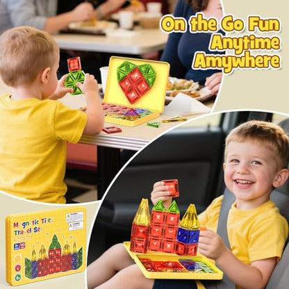 Mini Magnetic Tiles Travel Set - 40PCS Diamond Texture Magnetic Building Blocks for Kids, 10% Thicker & Portable Yellow Metal Storage Box, Montessori STEM Educational Toys Gift for Ages 3+ - size: 40 PCS