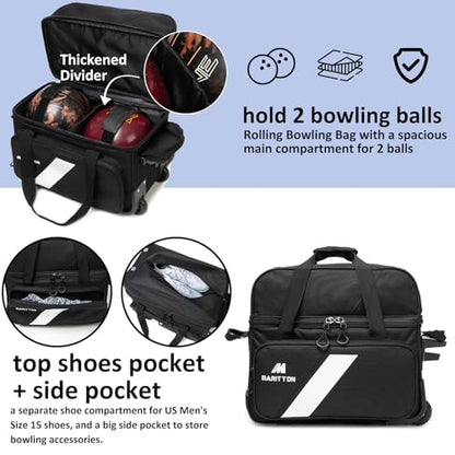 Bowling Bag with Wheels Double Roller 2 Ball Bowling Separate Shoe Compartment and Oversized Accessory Pocket, 36.6" Extendable Handle. - color: BLK