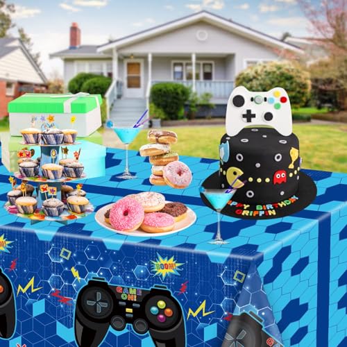 4 Pcs Blue Video Game Tablecloths, 51" x 86", Plastic, Rectangular, Tablecloths for Boys Kids' Teens Parties - color: Blue