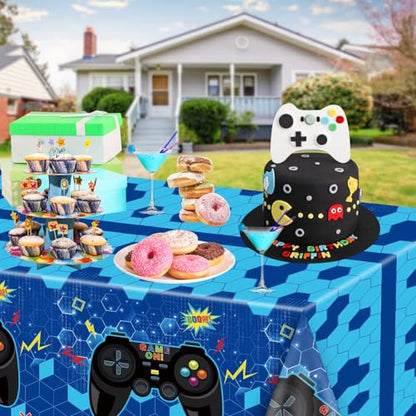 4 Pcs Blue Video Game Tablecloths, 51" x 86", Plastic, Rectangular, Tablecloths for Boys Kids' Teens Parties - color: Blue