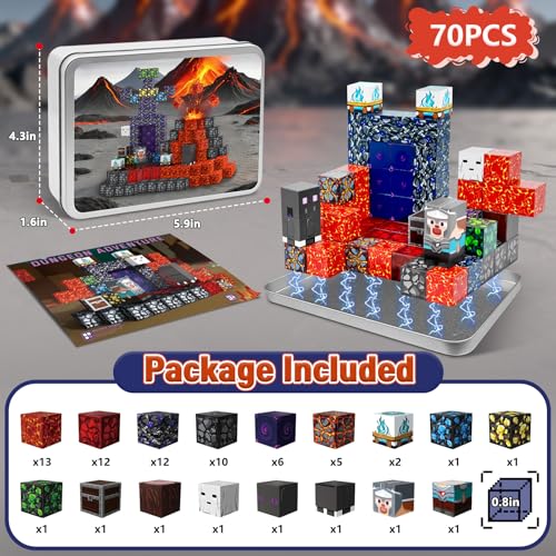 70PCS Magnetic Building Blocks Travel Toys for Kids Ages 4-8, Lava Portal Mini Magnetic Blocks with Iron Storage Box, Portable Magnet Cubes STEM Learning Set for Toddler Boys Girls Ages 3+ - style: Lava Portal