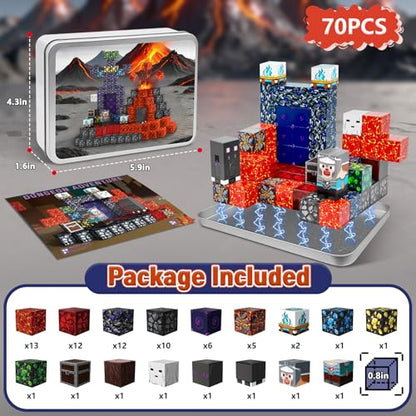 70PCS Magnetic Building Blocks Travel Toys for Kids Ages 4-8, Lava Portal Mini Magnetic Blocks with Iron Storage Box, Portable Magnet Cubes STEM Learning Set for Toddler Boys Girls Ages 3+ - style: Lava Portal