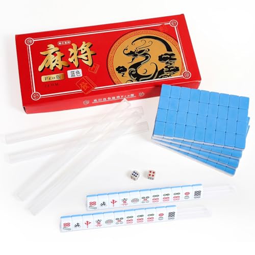 Miniature Chinese Mahjong Game Set 144 Standard Mini-Tiles Board Game Portable Travel with Traveler Size Carrying Case Dices Clear Holder for Outdoor Gift Enthusiast Family (Blue) - color: Blue