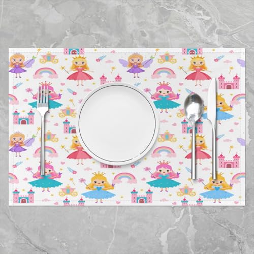 Erosebridal Placemats 12X18 Inch Set of 4,Romantic Fantasy Dreamy Fairy Wand Castle Place Mats,Rainbow Clouds Flower Floral Love Heart Waterproof Placemats - color: Off White Blue Pink Teal