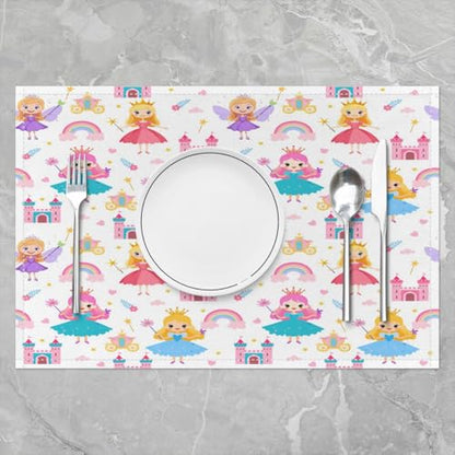 Erosebridal Placemats 12X18 Inch Set of 4,Romantic Fantasy Dreamy Fairy Wand Castle Place Mats,Rainbow Clouds Flower Floral Love Heart Waterproof Placemats - color: Off White Blue Pink Teal