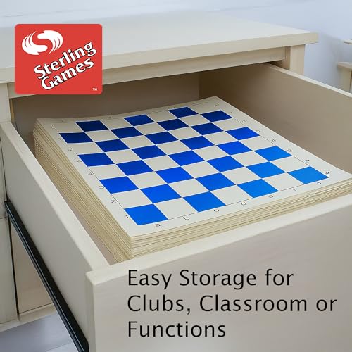 Sterling Games Extra Large 20" x 20" Roll Up Chess Mat and Pieces Set, Standard Tournament Chess Set with Blue Vinyl Portable Travel Mat and Single Weight Chess Pieces - style: Blue