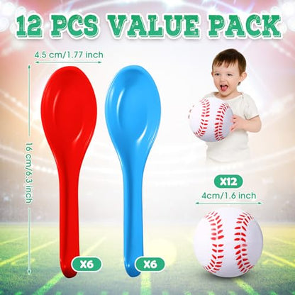 12 Pack Baseball Theme Party Game Spoon Relay Race Toy Set for Kids Adults Baseball Foam Ball and Spoon Race Game Decorations for Sports Party Indoor Outdoor School Class Birthday