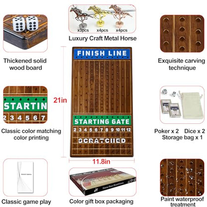 Large 21 inch Finish LINE Horse Racing Board Game is Equipped with 11 Luxury Metalcraft Horses Adult Chessboard Including 2 Dice and 2 Boxes of Cards (Flaming Color) - color: Large -Burnt