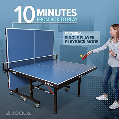 JOOLA Inside Professional MDF Indoor Ping Pong Table with Quick Clamp Table Tennis Net and Post Set - 10 Minute Easy Assembly - Tournament Quality - Foldable with Single Player Playback Mode - color: 18mm Blue