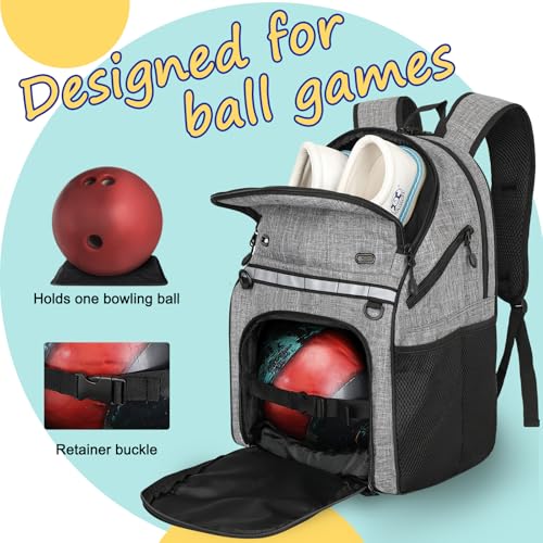 Goloni Bowling Backpack,Single Ball Bowling Bag with Shoe Compartment Up to Size 16,Bowling Bag with Padded Ball Holder - color: Grey
