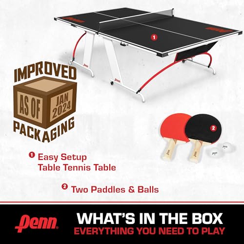 Penn Full-Size Ping Pong Table - Engineered Wood, Black/White/Red - Foldable Design for Portable Ping Pong Play - 15mm Laminated Surface for Precision Play - Table Tennis Set 40mm Balls & Paddles