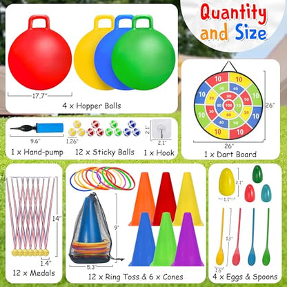 LINAYE Carnival Games Combo Set Outdoor Activities, Field Day Lawn Yard Family Reunion Fall Festival Games Hopper Balls Dart Board for Kids Ring Toss Egg and Spoon for Kids Birthday Party