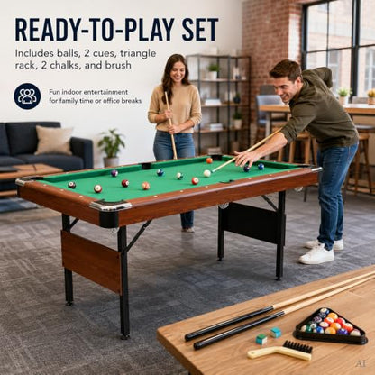 5.3 FT Pool Table Portable Foldable Billiards Table for Kids & Adults with with Balls, Cues, Chalk, Rack & Brush, Compact Space-Saving Game Table for Family Game Room & Office - color: Brown+Green