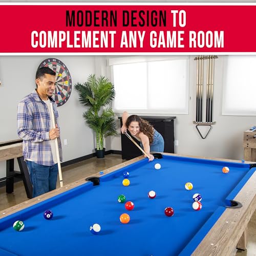 GoSports 8 ft Pool Tables with Wood Finish - Choose Your Style - Modern Billiards Table with 2 Cue Sticks, Balls, Rack, Felt Brush and Chalk - color: Blue, Brown Wood Finish