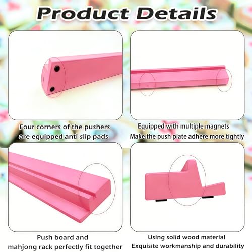 4 PCS Mahjong Racks with Pushers, Pink Wooden Mahjong Racks with Detachable Magnetic Pushers, Mahjong Tile Pushers and Racks, Includes Chips, Dice & Storage Bags, Mahjong Accessories (19.68 Inch) - color: Pink