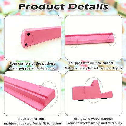 4 PCS Mahjong Racks with Pushers, Pink Wooden Mahjong Racks with Detachable Magnetic Pushers, Mahjong Tile Pushers and Racks, Includes Chips, Dice & Storage Bags, Mahjong Accessories (19.68 Inch) - color: Pink